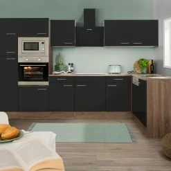 Respekta Küchenprogramm Eiche York Winkelküche 340 Cm Inkl. E-Geräte & Mineralite Einbauspüle, Schwarz
