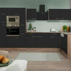 Respekta Küchenprogramm Eiche York Winkelküche 370 Cm Inkl. E-Geräte & Mineralite Einbauspüle, Schwarz