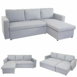 Schlafsofa MCW-D92, Couch Ecksofa Sofa, Schlaffunktion 220x152cm Stoff/Textil ~ Hellgrau, Ohne Deko-Kissen