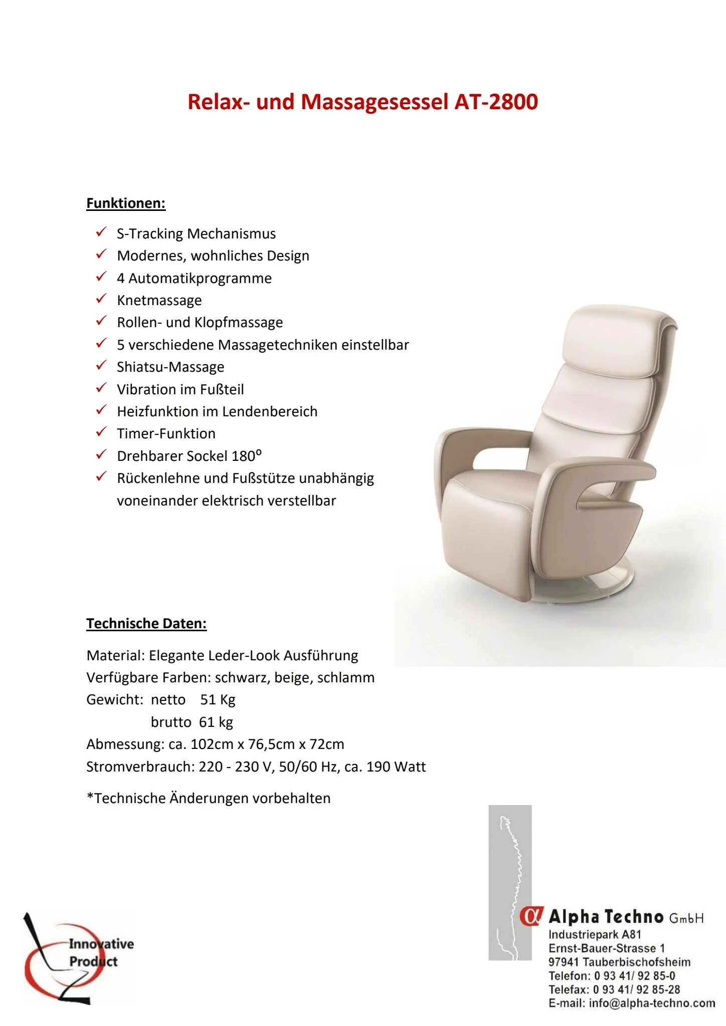 Alpha Techno Komfort Massagesessel Alpha 2800, Versch. Farben 5 Alpha Techno Komfort Massagesessel Alpha 2800, Versch. Farben – Bild 5