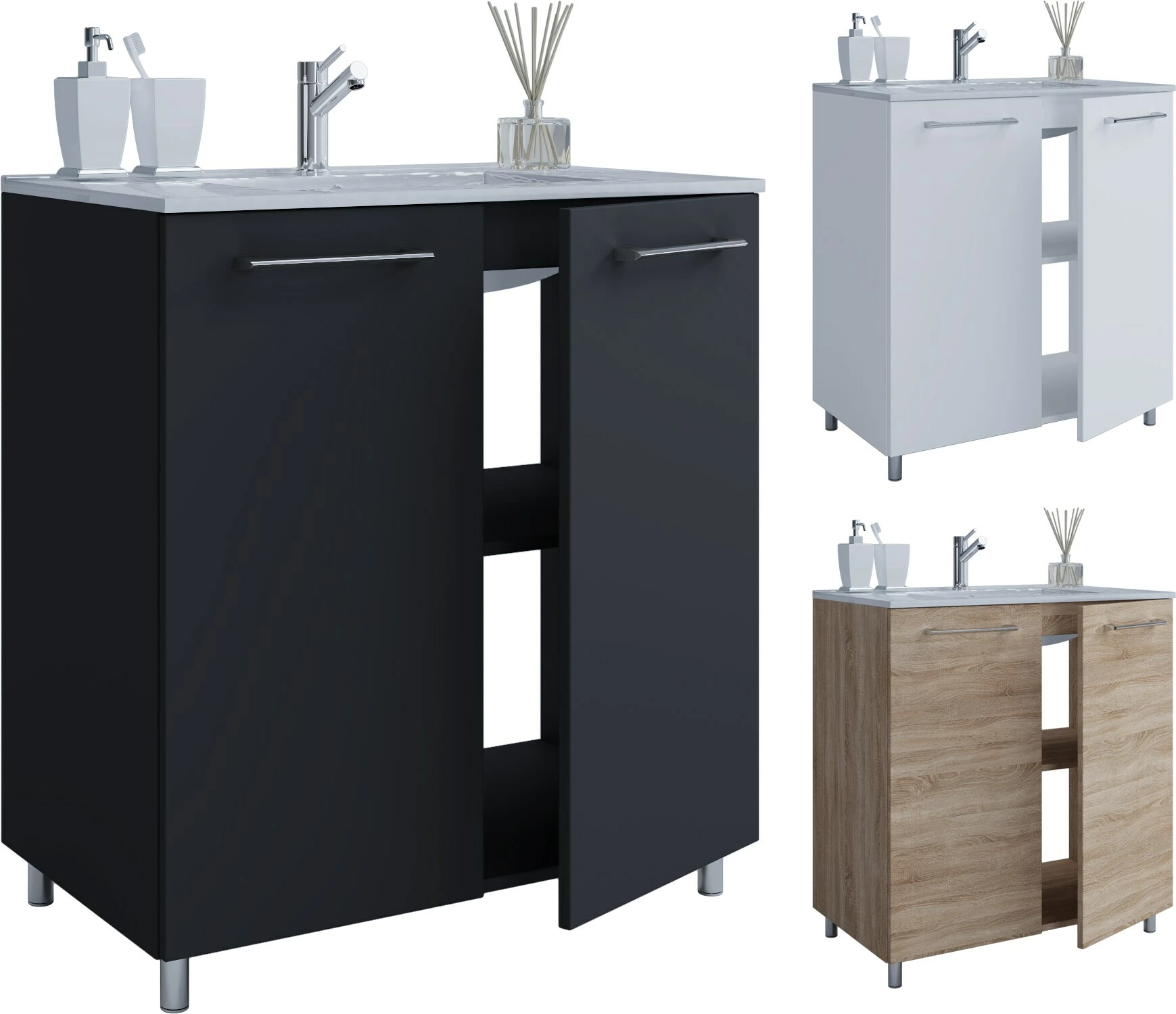 VCM 2-tlg. Waschplatz Waschtisch Badmöbel Set Waschbecken Badinos Drehtüren 1 VCM 2-tlg. Waschplatz Waschtisch Badmöbel Set Waschbecken Badinos Drehtüren