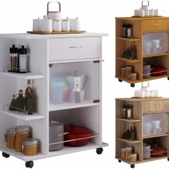 VCM Holz Küchenwagen Servierwagen Rollwagen Ablage Rollbar Rollen Schublade Pocis