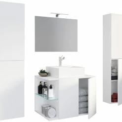 VCM 5-tlg. Waschplatz Waschtisch Badmöbel Set Waschbecken Spiegel Hausa Drehtür