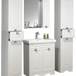 VCM 5-tlg. Waschplatz Waschtisch Breite 60 Cm Badmöbel Set Waschbecken Spiegelschrank Hochschrank Landhaus Casalo L