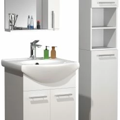 VCM 4-tlg. Waschplatz Waschtisch Badmöbel Set Waschbecken Spiegeschrank Hochschrank Drehtüren Lisalo M