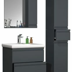 VCM 4-tlg. Waschplatz Waschtisch 60 Cm Badmöbel Set Waschbecken Grifflose Schublade Spiegelschrank Hochschrank Silora L