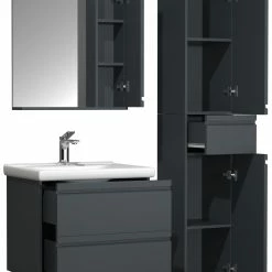 VCM 4-tlg. Waschplatz Waschtisch 60 Cm Badmöbel Set Waschbecken Grifflose Schublade Spiegelschrank Hochschrank Silora L -Vicco Geschäft 8600043100 919132 prod 006 scaled