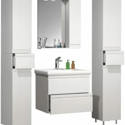 VCM 5-tlg. Waschplatz Waschtisch 60 Cm Badmöbel Set Waschbecken Grifflose Schublade Spiegelschrank Hochschrank Silora L