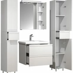 VCM 5-tlg. Waschplatz Waschtisch 60 Cm Badmöbel Set Waschbecken Grifflose Schublade Spiegelschrank Hochschrank Silora L -Vicco Geschäft 8600043100 919133 prod 006 scaled