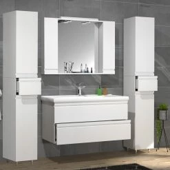 VCM 5-tlg. Waschplatz Waschtisch 100 Cm Badmöbel Set Waschbecken Grifflose Schublade Spiegelschrank Hochschrank Silora XL -Vicco Geschäft 8600043100 919139 prod 002 scaled