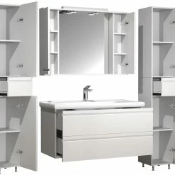 VCM 5-tlg. Waschplatz Waschtisch 100 Cm Badmöbel Set Waschbecken Grifflose Schublade Spiegelschrank Hochschrank Silora XL -Vicco Geschäft 8600043100 919139 prod 006 scaled