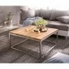 DELIFE Wohnzimmertisch Tatius Akazie Natur 80x80 Gestell Edelstahl Industrial Style