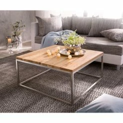 DELIFE Wohnzimmertisch Tatius Akazie Natur 80x80 Gestell Edelstahl Industrial Style