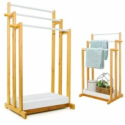 Dunedesign 3 Stangen Bambus Handtuchhalter 45x35x84 Bad Handtuchständer Holz - Freistehend