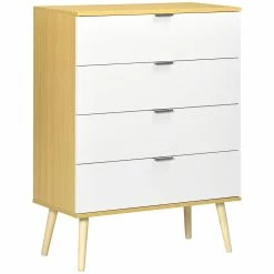 HOMCOM Kommode Mit Kippschutz Weiß, Natur 72L X 36B X 97H Cm | Sideboard Schubladenschrank Nachttisch Beistellschrank Highboard