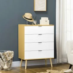 HOMCOM Kommode Mit Kippschutz Weiß, Natur 72L X 36B X 97H Cm | Sideboard Schubladenschrank Nachttisch Beistellschrank Highboard -Vicco Geschäft 8600336600 831 548 prod 004