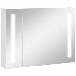 Kleankin Spiegelschrank Mit LED-Beleuchtung Weiß 90L X 15B X 65H Cm | Hängeschrank Bad Badezimmer Spiegelschrank Badschrank Hängeschrank