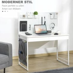 HOMCOM Schreibtisch Mit Stofftasche Weiß, Schwarz 110L X 58,5B X 127H Cm | Computertisch Mit 2 Schubladen Notizgitter Stofftasche Arbeitstisch -Vicco Geschäft 8600336600 836 537 prod 006