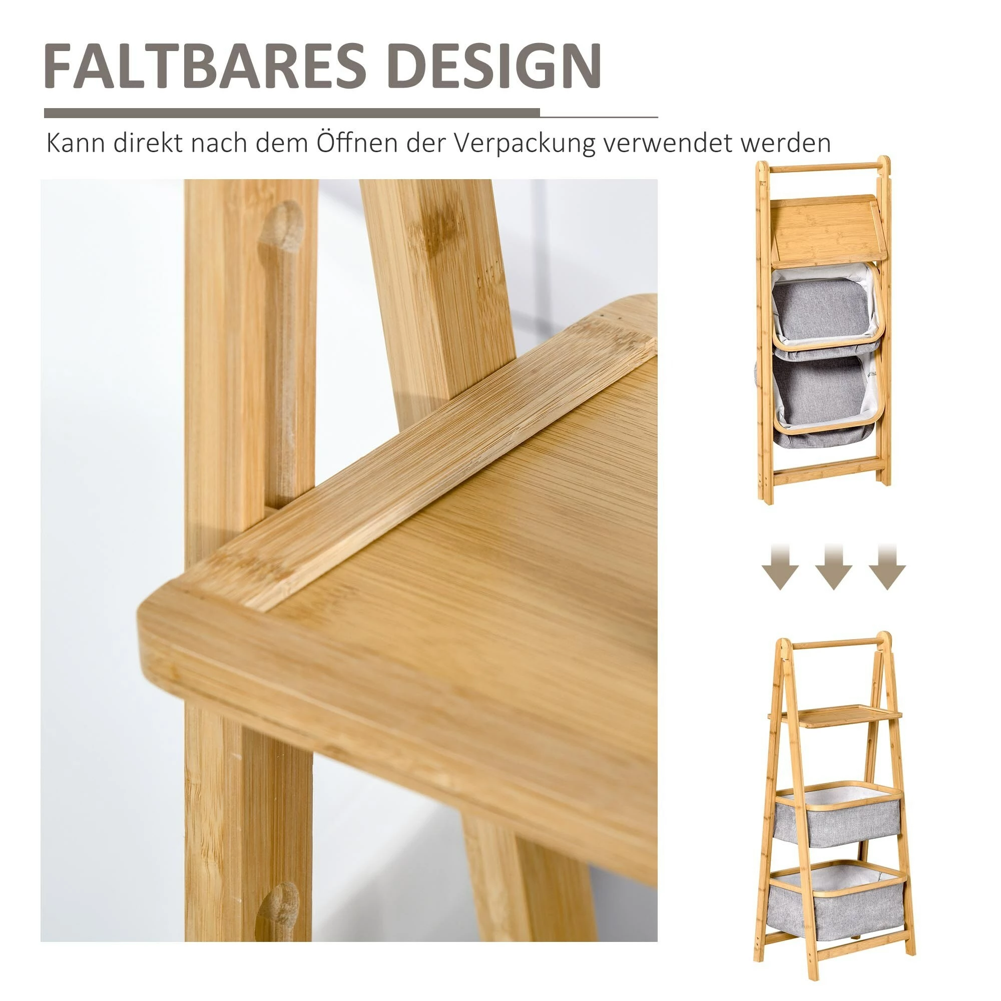 HOMCOM Aufbewahrungsschrank Mit 4 Stufen, Abstellkammer, Minimalistisches Design Natur/Grau 44,5 X 33 X 108 Cm (LxBxH) | Standregal Bambusregal Lagerregal Faltbar 6 HOMCOM Aufbewahrungsschrank Mit 4 Stufen, Abstellkammer, Minimalistisches Design Natur/Grau 44,5 X 33 X 108 Cm (LxBxH) | Standregal Bambusregal Lagerregal Faltbar – Bild 6