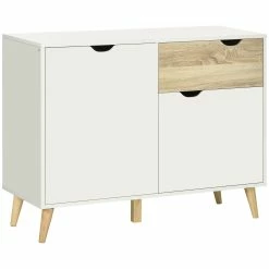 HOMCOM Sideboard Mit Kippschutz Weiß, Natur 98,5L X 39B X 79,5H Cm | Kommode Aufbewahrungsschrank Beistellschrank Wohnzimmerschrank