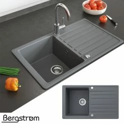 Bergström Granit Spüle Küchenspüle Einbauspüle Auflage Spülbecken Küche Reversibel Grau