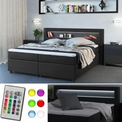 VitaliSpa Design Boxspringbett 180x200 Cm H2 LED Doppelbett Hotelbett Ehebett Anthrazit