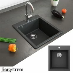 Bergström Granit Spüle Küchenspüle Einbauspüle Spülbecken Küche + Siphon Schwarz