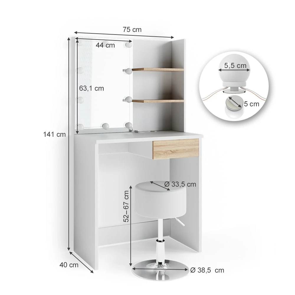VICCO LED Schminktisch DEKOS Frisiertisch Kommode Kosmetik Weiß Eiche Hocker 3 VICCO LED Schminktisch DEKOS Frisiertisch Kommode Kosmetik Weiß Eiche Hocker – Bild 3
