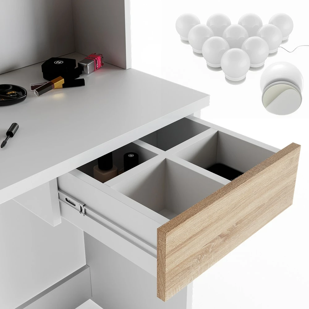 VICCO LED Schminktisch DEKOS Frisiertisch Kommode Kosmetik Weiß Eiche Hocker 6 VICCO LED Schminktisch DEKOS Frisiertisch Kommode Kosmetik Weiß Eiche Hocker – Bild 6