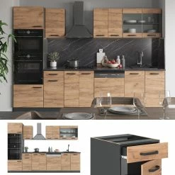 VICCO KÜCHE R-LINE 300 CM KÜCHENZEILE KÜCHENBLOCK EINBAUKÜCHE ANTHRAZIT EICHE