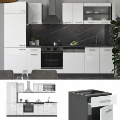 VICCO KÜCHE R-LINE 300 CM KÜCHENZEILE KÜCHENBLOCK EINBAUKÜCHE ANTHRAZIT WEISS HOCHGLANZ
