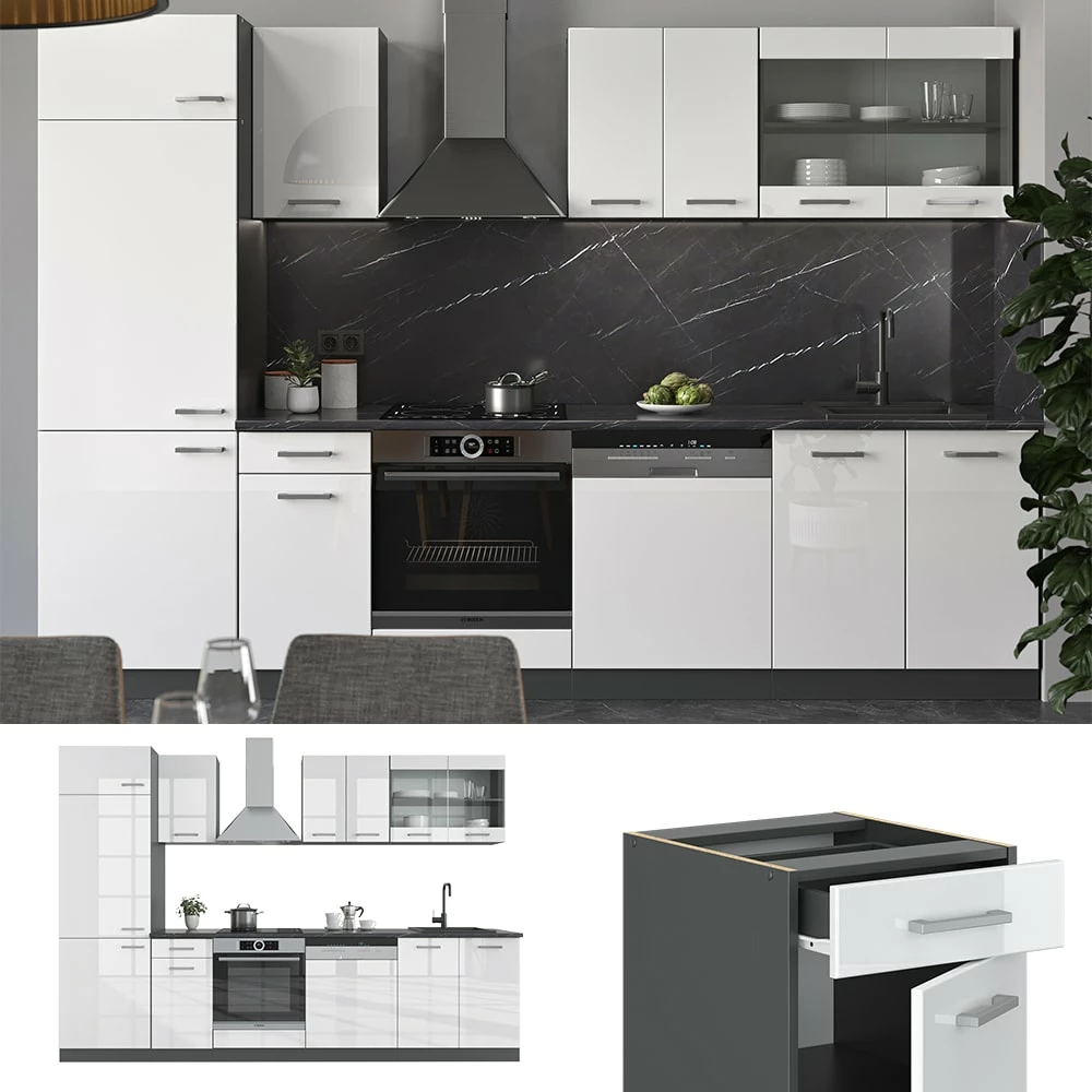 VICCO KÜCHE R-LINE 300 CM KÜCHENZEILE KÜCHENBLOCK EINBAUKÜCHE ANTHRAZIT WEISS HOCHGLANZ 1 VICCO KÜCHE R-LINE 300 CM KÜCHENZEILE KÜCHENBLOCK EINBAUKÜCHE ANTHRAZIT WEISS HOCHGLANZ