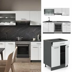 Vicco KÜCHE R-LINE 200CM KÜCHENZEILE KÜCHENBLOCK EINBAU Anthrazit Weiß Hochglanz