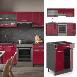 Vicco KÜCHE R-LINE 200CM KÜCHENZEILE KÜCHENBLOCK EINBAU Anthrazit Bordeaux Hochglanz