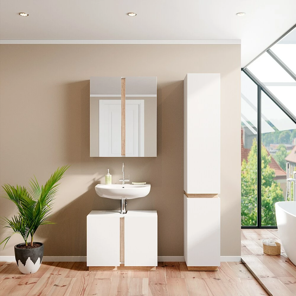 Vicco Badmöbelset Spiegelschrank Unterschrank Hochschrank Gloria Weiß/Sonoma Bad 3 Vicco Badmöbelset Spiegelschrank Unterschrank Hochschrank Gloria Weiß/Sonoma Bad – Bild 3
