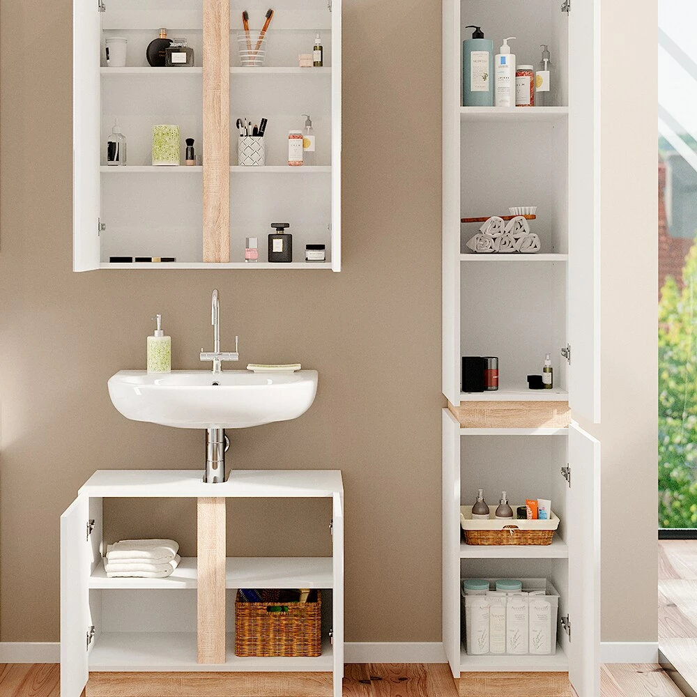 Vicco Badmöbelset Spiegelschrank Unterschrank Hochschrank Gloria Weiß/Sonoma Bad 5 Vicco Badmöbelset Spiegelschrank Unterschrank Hochschrank Gloria Weiß/Sonoma Bad – Bild 5