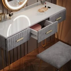 Vicco Schminktisch Frisiertisch Schminkkommode Layla Weiß Grau LED-Spiegel Design-Hocker 100x79 Cm Modern Schlafzimmer Kommode Schublade Ablage Aufbewahrung Touch-Switch Kosmetiktisch Make-Up-Tisch -Vicco Geschäft 8600343700 38504 prod 005