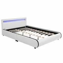 Juskys Polsterbett Sevilla 140x200 Cm – Bett Mit LED Beleuchtung & Lattenrost – Jugendbett Weiß