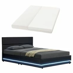 Juskys Polsterbett Toulouse 140x200 Cm Mit Matratze, Lattenrost, Kopfteil, LED & Stauraum In Schwarz