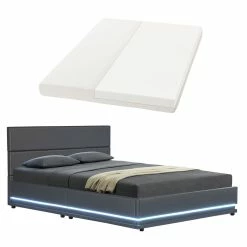 Juskys Polsterbett Toulouse 180x200 Cm Mit Matratze, Lattenrost, Kopfteil, LED & Stauraum In Grau