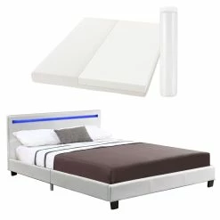 Juskys Polsterbett Verona Weiß | 120×200 Cm | Bettgestell LED-Beleuchtung, Lattenrost & Matratze