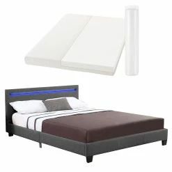 Juskys Polsterbett Verona Grau | 120×200 Cm | Bettgestell LED-Beleuchtung, Lattenrost & Matratze