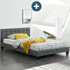 Juskys Polsterbett Manresa 120x200 Cm - Bettgestell Mit Matratze, Lattenrost & Kopfteil – Grau