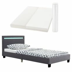 Juskys Polsterbett Verona 90x200 Cm Grau Mit Matratze – Einzelbett + LED-Beleuchtung & Lattenrost