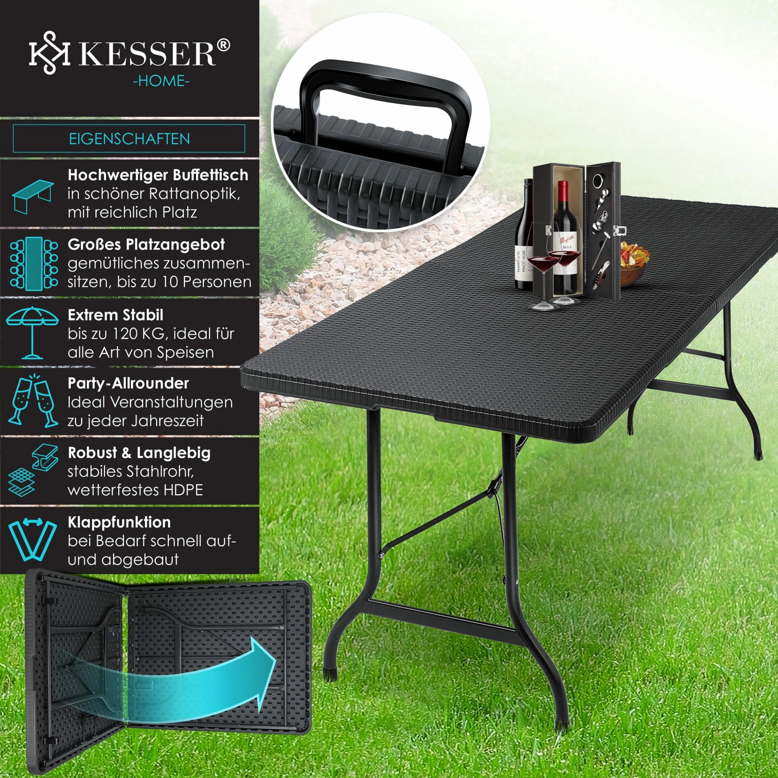KESSER® Buffettisch Tisch Klappbar Kunststoff 180x75 Cm Rattan Optik Campingtisch Partytisch Klapptisch Gartentisch Für Garten Terrasse Und Balkon Zusammenklappbar 6 Personen Ink. Tragegriff 2 KESSER® Buffettisch Tisch Klappbar Kunststoff 180x75 Cm Rattan Optik Campingtisch Partytisch Klapptisch Gartentisch Für Garten Terrasse Und Balkon Zusammenklappbar 6 Personen Ink. Tragegriff – Bild 2