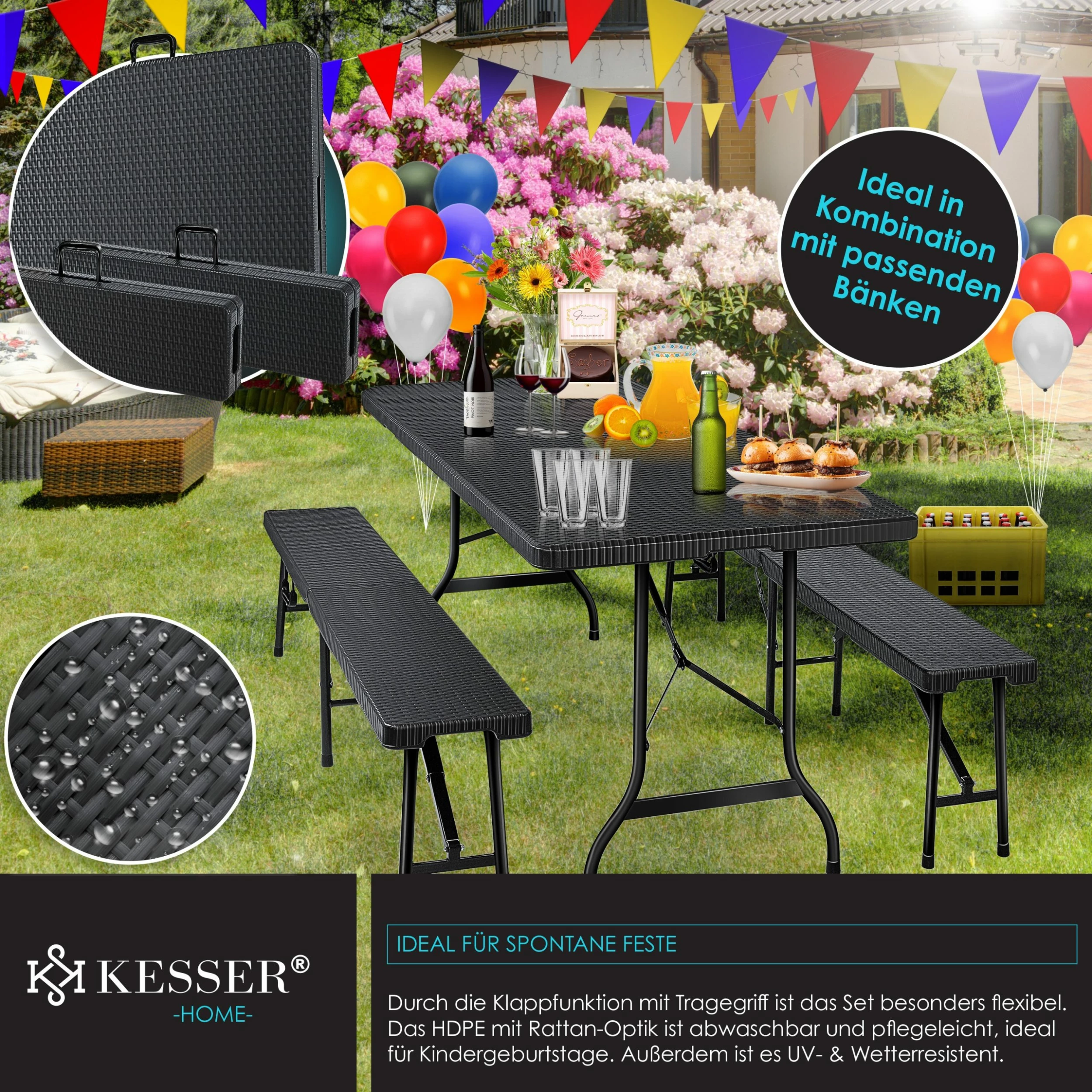 KESSER® Buffettisch Tisch Klappbar Kunststoff 180x75 Cm Rattan Optik Campingtisch Partytisch Klapptisch Gartentisch Für Garten Terrasse Und Balkon Zusammenklappbar 6 Personen Ink. Tragegriff 5 KESSER® Buffettisch Tisch Klappbar Kunststoff 180x75 Cm Rattan Optik Campingtisch Partytisch Klapptisch Gartentisch Für Garten Terrasse Und Balkon Zusammenklappbar 6 Personen Ink. Tragegriff – Bild 5